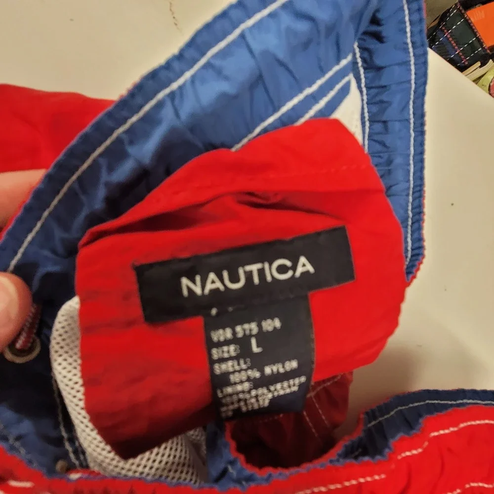Vintage Nautica Mens‎ Swim Trunks Shorts NS-83 Color Block Red Blue Beige Large